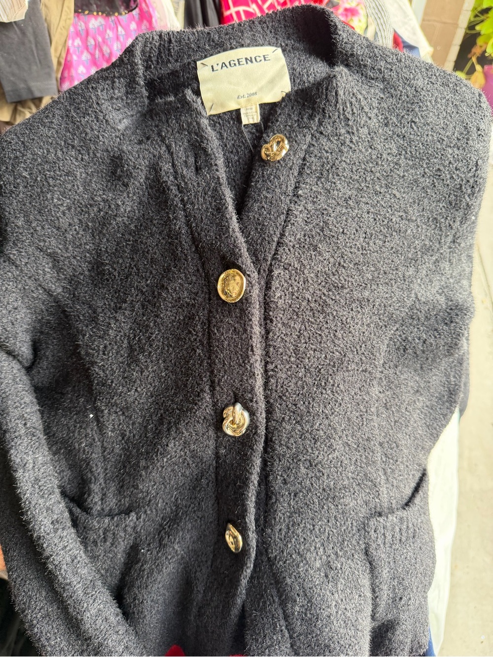 L'AGENCE Black Bouclé Cardigan with Gold-Tone Buttons